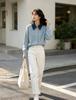 Retro denim splicing fake two-piece sweater jacket women's clothing autumn and winter new design lapel age-reducing knitted cardigan