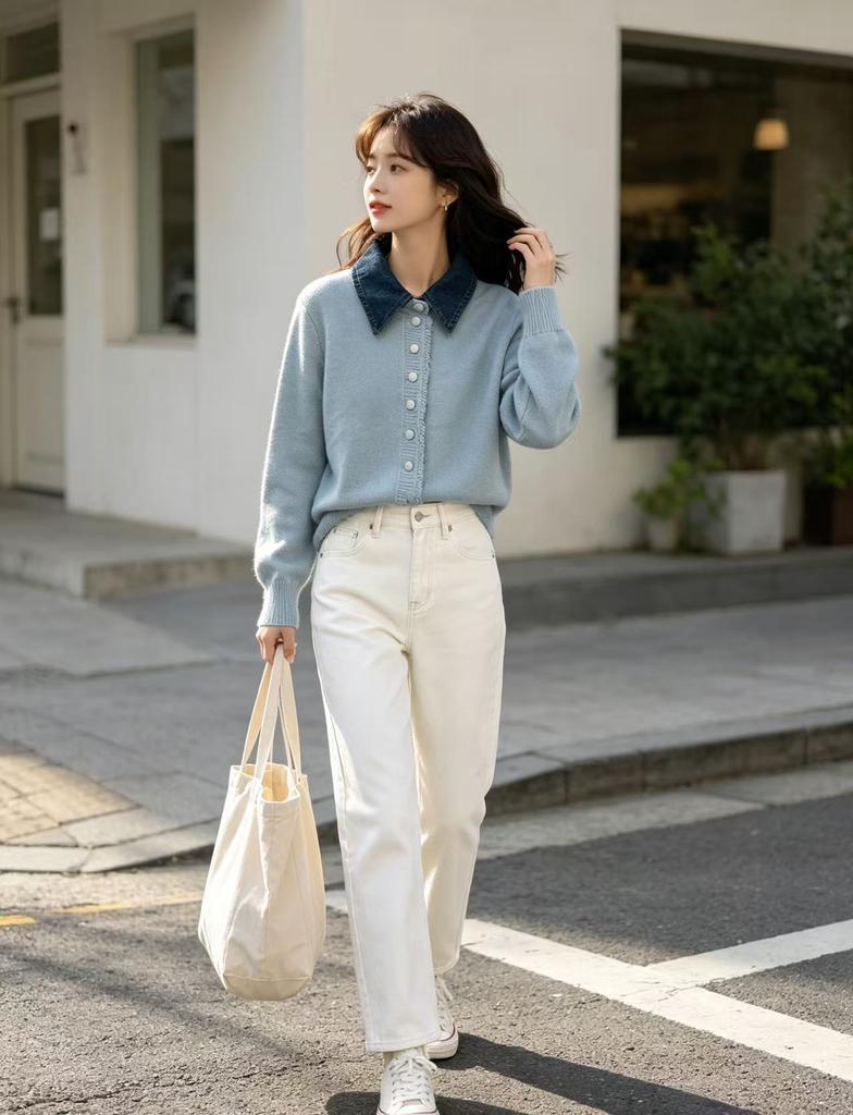 Retro denim splicing fake two-piece sweater jacket women's clothing autumn and winter new design lapel age-reducing knitted cardigan