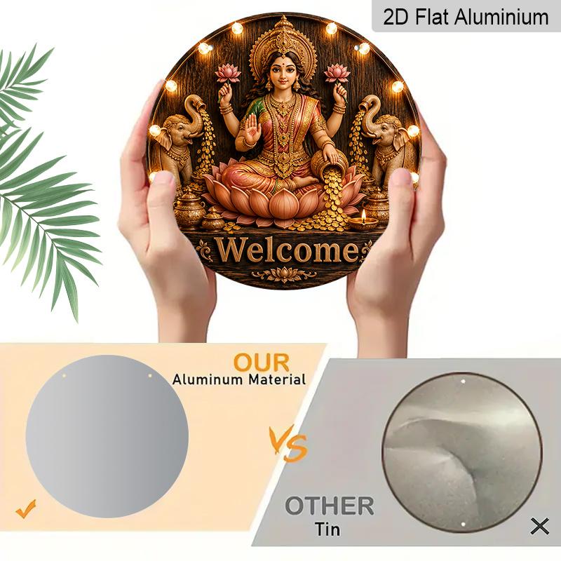 2D Flat, 1pc Round Aluminum Hanging Sign, Rustic Goddess Lakshmi Elephant Gold Coin Pink Lotus Candle Warm Bulb Welcome Print, Diwali Hindu
