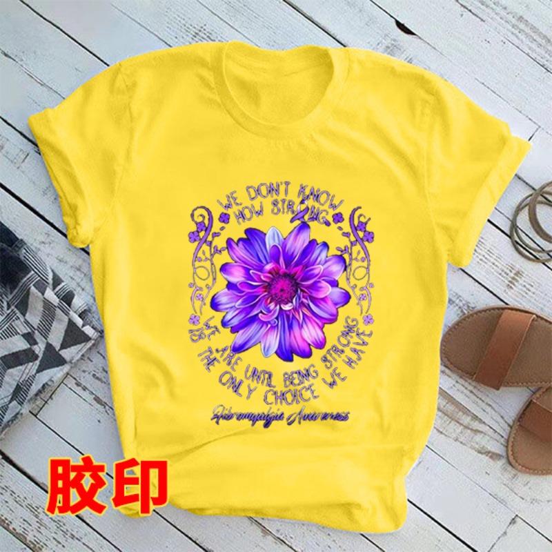 European American Purple Flower Print T-shirt Short Sleeve Harajuku Style Creative Pattern Top Casual Summer polyester fabric