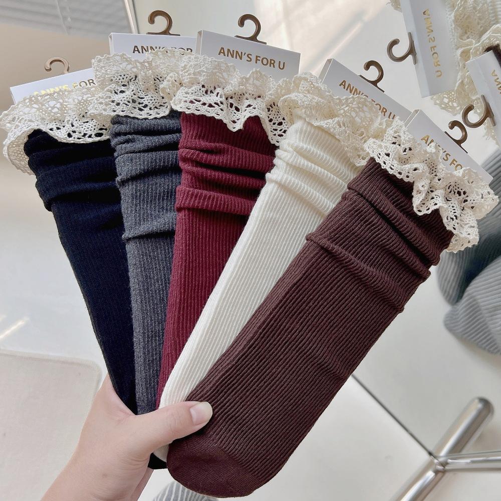 Ankara Red Lace Socks Children'S Trend Retro Double Needle Drawstring Mori Women'S Mid-Tube Stacking Socks