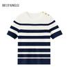 Northern Deer Women's Slimming Stripe Knit T-Shirt - French Classic Short Sleeve in Lyocell, Acetate, and Mulberry Silk (Style 26519).