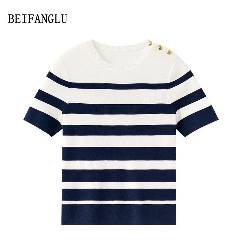 Northern Deer Women's Slimming Stripe Knit T-Shirt - French Classic Short Sleeve in Lyocell, Acetate, and Mulberry Silk (Style 26519).