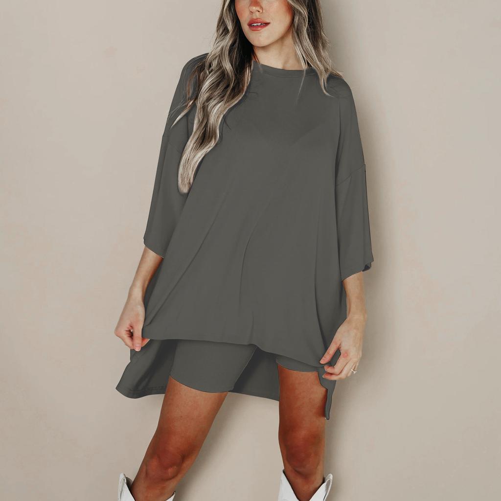 2-teiliges Set für den Sommer mit Rundhalsausschnitt, kurzen Ärmeln, überschnittener Schulter, Oberteil und Bar Skinny Yoga Biker Shorts für große Kinder