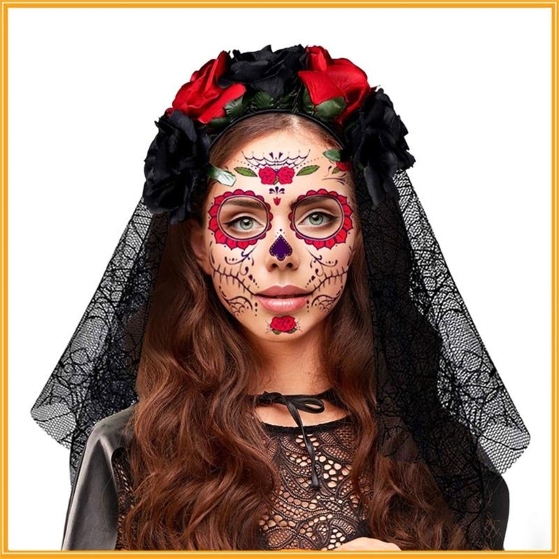 Meksykański Dzień Zmarłych Kostium Halloween Cukrowa Czaszka Różane Tymczasowe Naklejki na Twarz Welon Nakrycie Głowy dla Kobiet