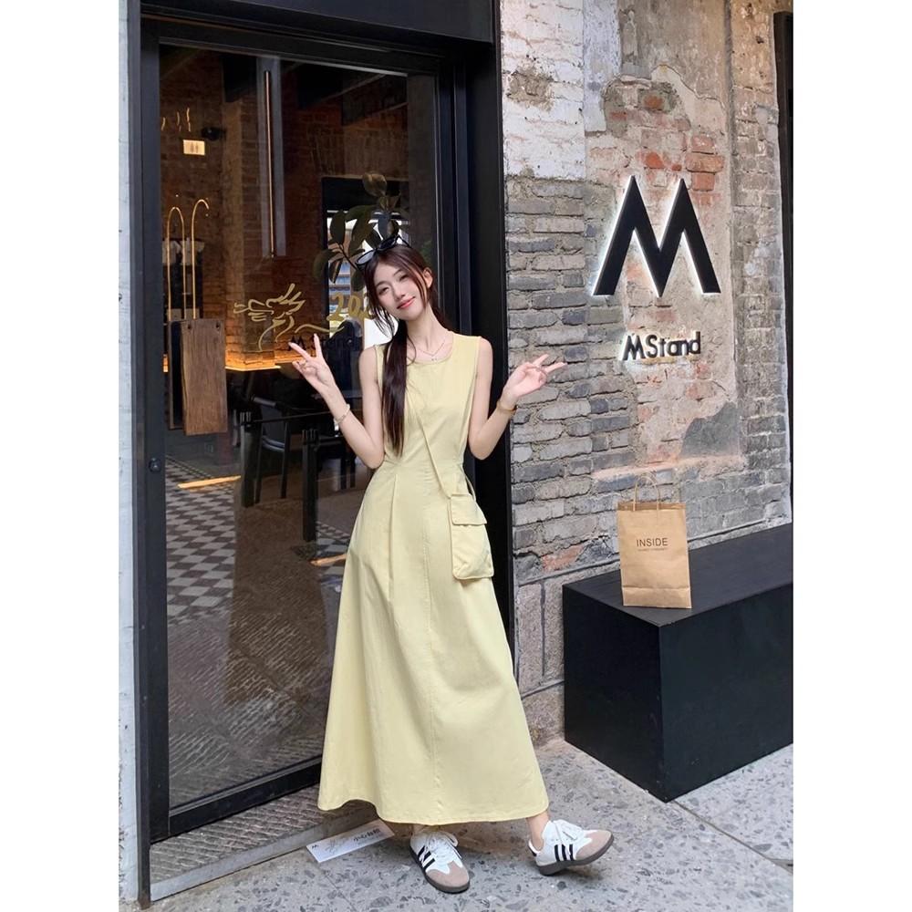 [Invisible Zipper + Small Backpack] Pure and Gentle Yellow Dress for Women's Summer Round Neck, Waist and Thin Back