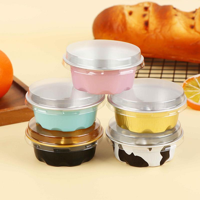 50Pcs Round Baking Cups Aluminum Foil Wih Lids Reusable Cupcake Cups Desserts Flans Cake Pudding Jello Cups Kitchen Tools
