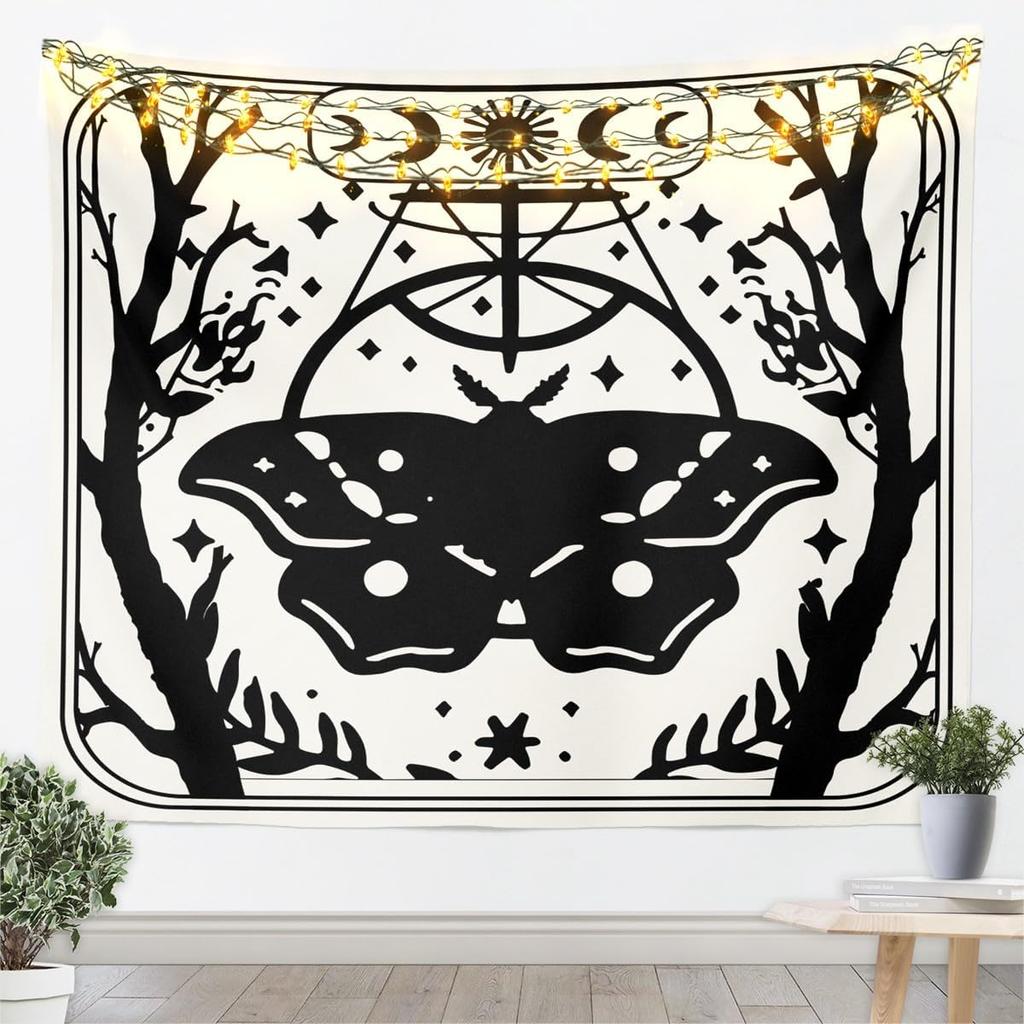 Halloween Boho Moth Tapestries Gothic Nature Wall Tapestry Boho Exotic Vintage Floral Black Wall Art For Kids Teens Youth Women