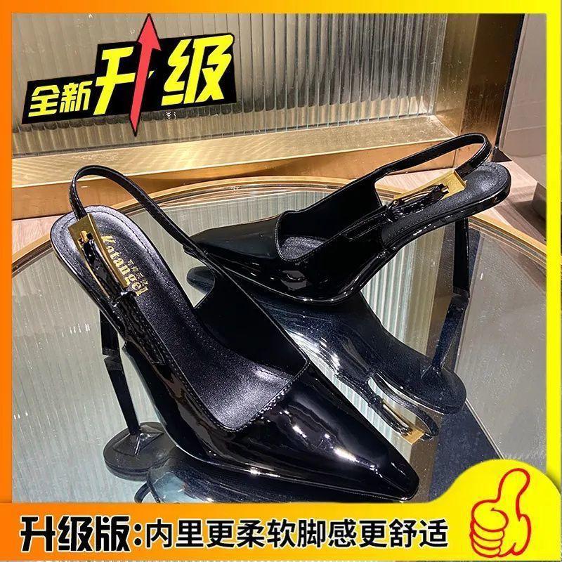 High heels women's summer new hollow black pointed temperament small gold heel patent leather bag head thin heel sandals