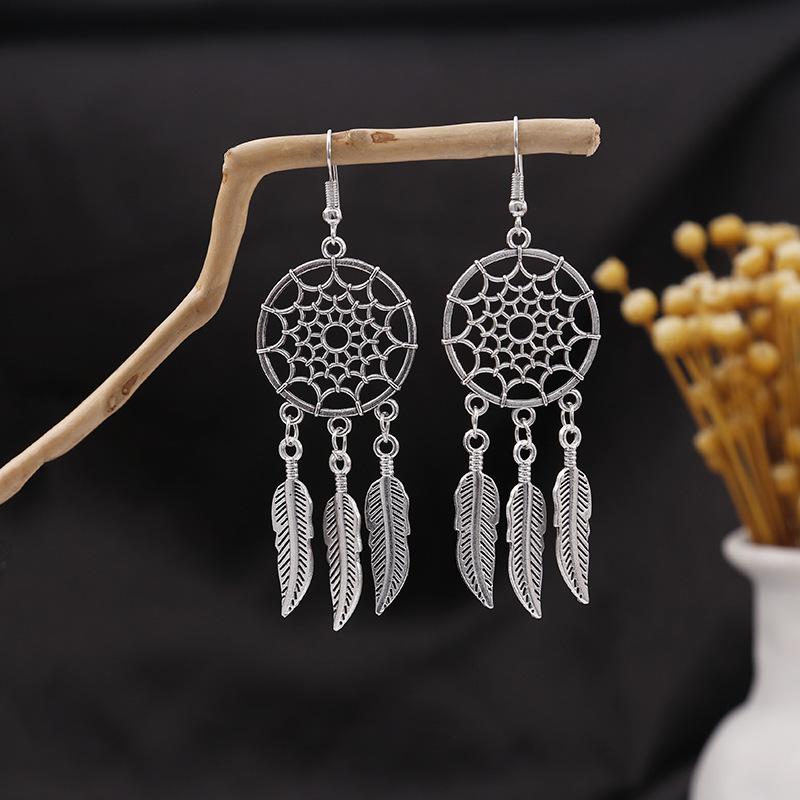 Peacock Tassel Earrings with Hollow Leaf Design in Retro Ethnic Style Imitation Silver for Women