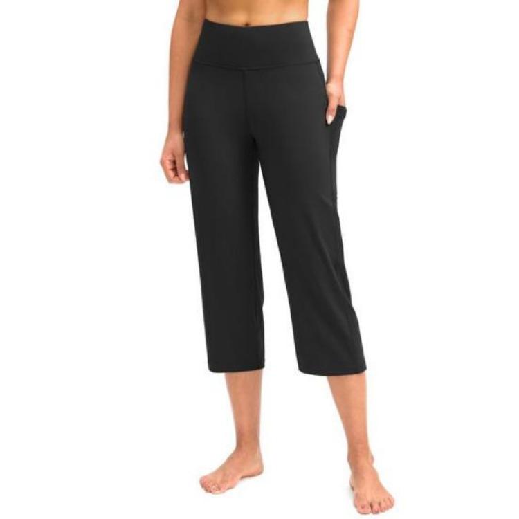 Women High Waist Yoga Pants Cropped Running Training Trousers Solid Color with Pockets Hip Lifting Leisure S чёрный