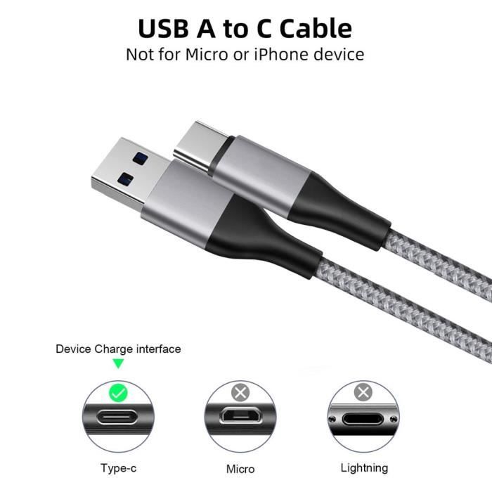 Câble USB-C Rapide pour Xiaomi Redmi 13C/14C, Redmi Note 13 14 Pro - BOOLING - 1M Gris Nylon Tressé