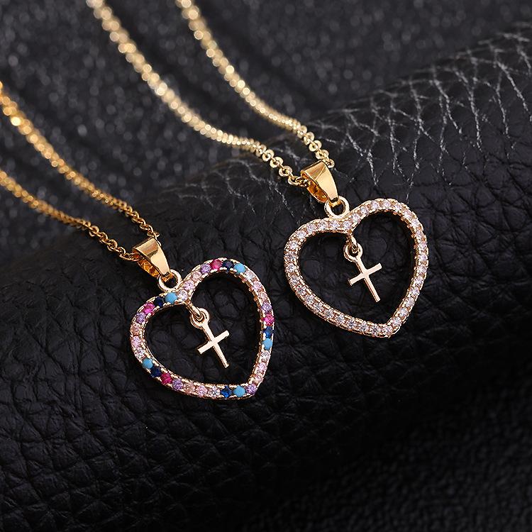 Micro-Set Colorful Zirconia Geometric Cross Pendant Necklace With Heart Charm Fashion Love Jewelry