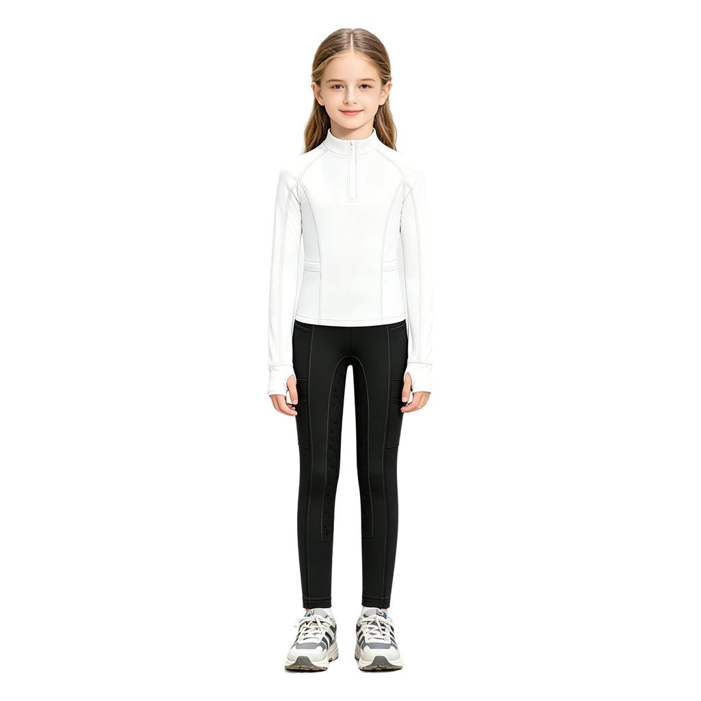 Tenue d'équitation pour filles Ensemble à col montant, manches longues avec trous pour les pouces, pull à fermeture éclair avec pantalon d'équitation à grip intégral antidérapant pour l'entraînement