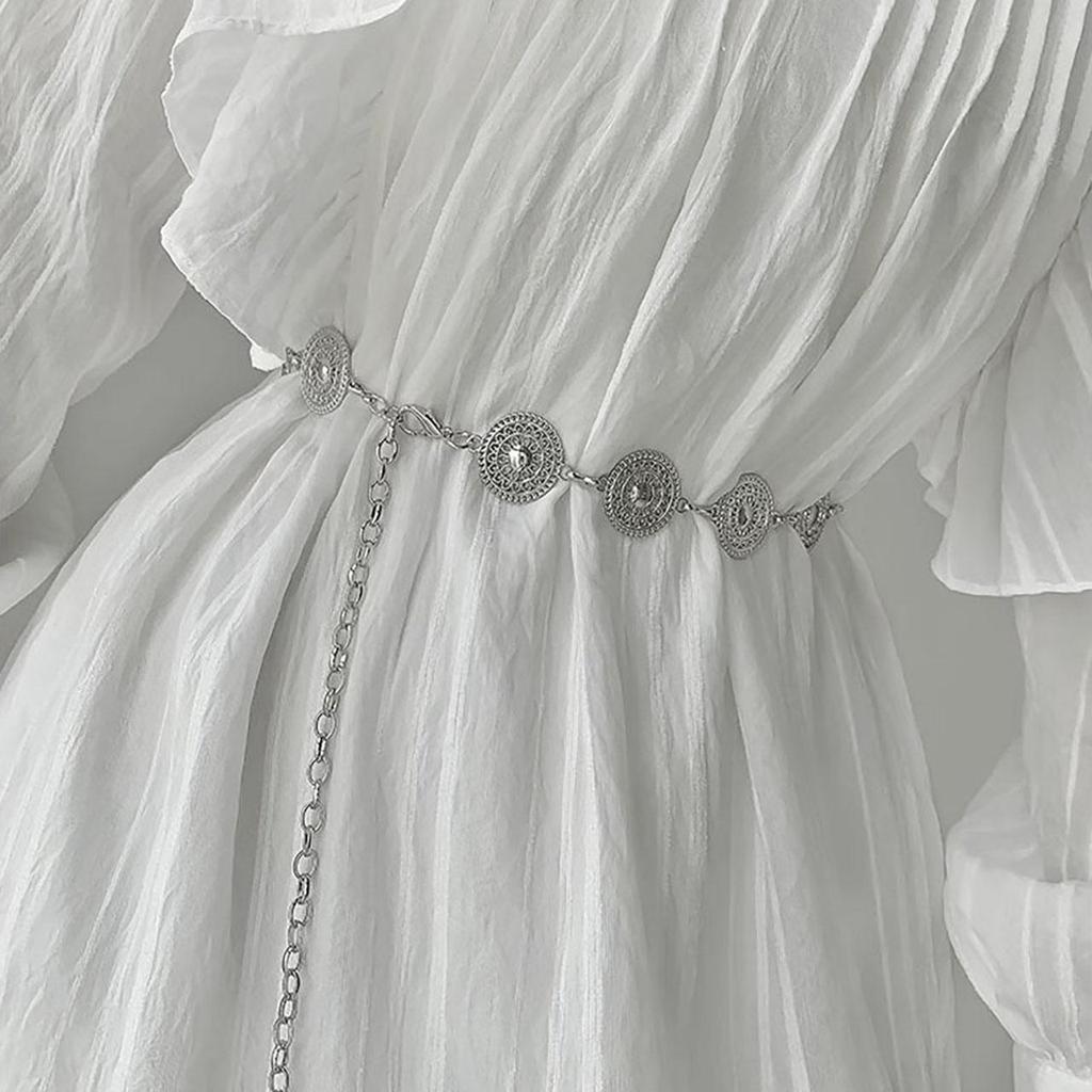 Femei Gol Afară Rotund Metalic Curea Auriu Argintiu Sculptat Lung Lanț Reglabil Curele Elegant Doamnă Fată Rochie Palton Curea Decorativă