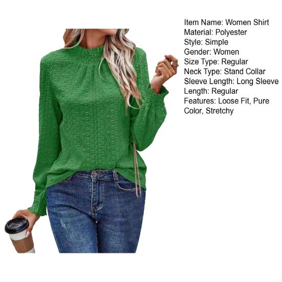 Women Shirt Puff Long Sleeve Stand-Up Collar Soft Stretchy Pullover Tops Hollow Design Casual Tops Office Casual Wear