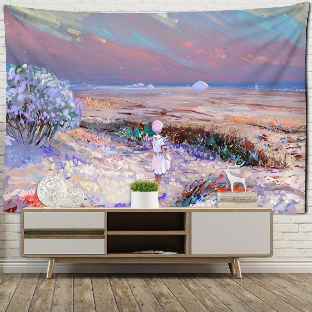 Ilustracja postaci dziewczyny gobelin ścienny wiszący boho hipis tapiz sztuka kawaii estetyczny pokój tło wystrój