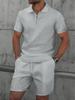Men's Trendy Waffle Texture Lapel Polo and Shorts Set - Casual Sportswear, Short Sleeve Outfit
