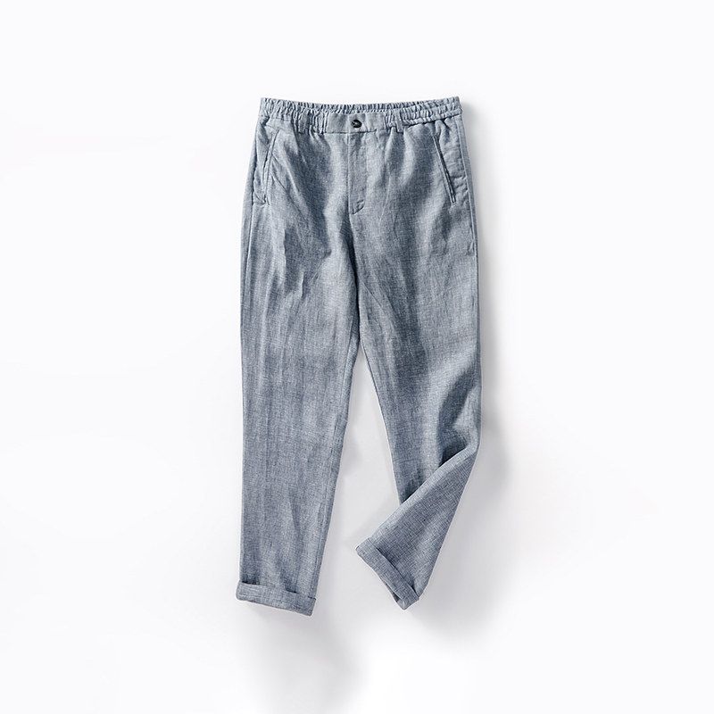 Foreign Trade Tail Goods Pure Linen Summer and Autumn Casual Trousers Gray Blue 3XL