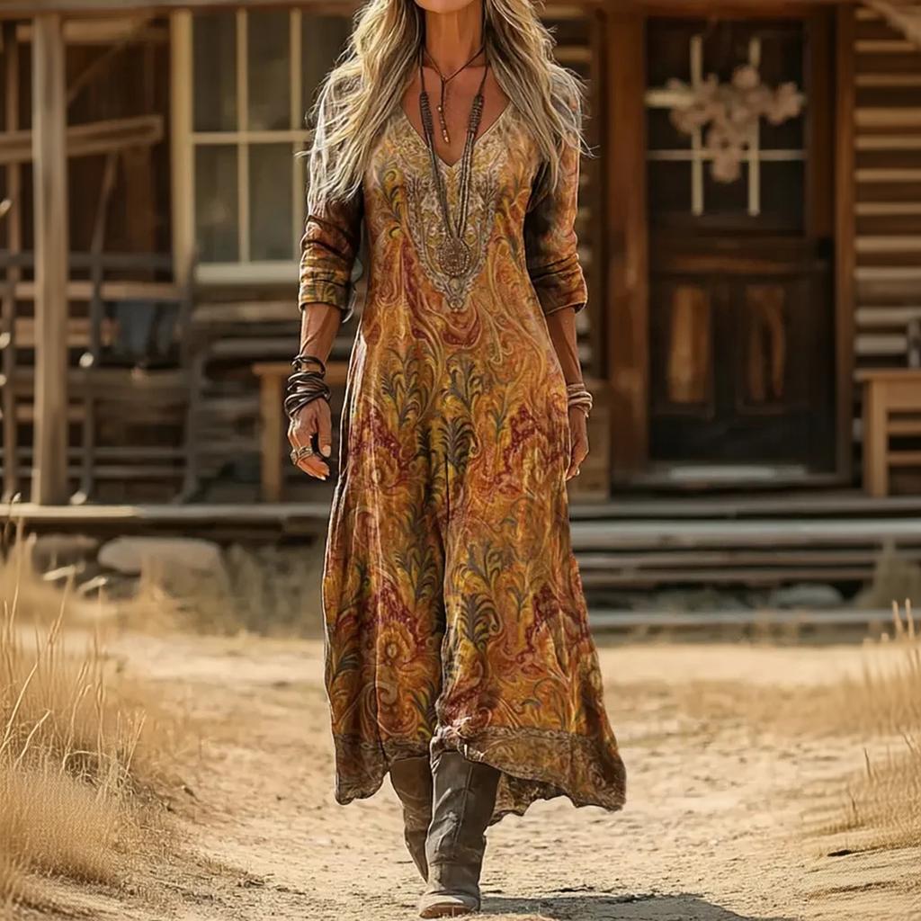 Women's Vintage Ethnic Floral Print Long Sleeve Dress Bohemian Vacation Beach Maxi Dress with V Neck and Relaxed Fit