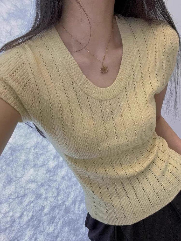 U-Neck Ice Silk Short-Sleeve Women's Summer Knit Top - Slim Fit, Elastic, Breathable, Hollow-Out Design