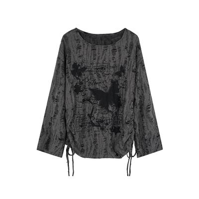 2KWEIRD Amerikanische Retro Schmetterling Langarm Tops Frühling Neu Kordelzug Mode Damen Locker T-Shirts