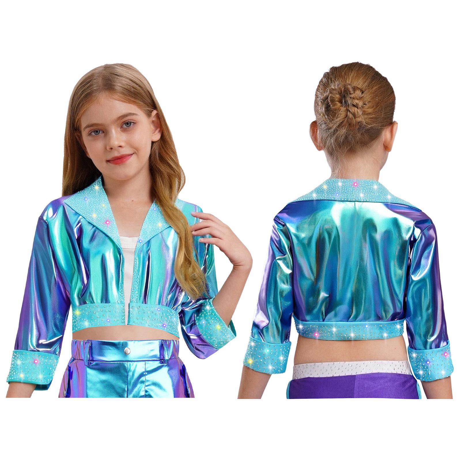 

Girls Dance Jacket Long Sleeve Metallic Top with Rhinestones Lapel Collar Jazz Wear синій