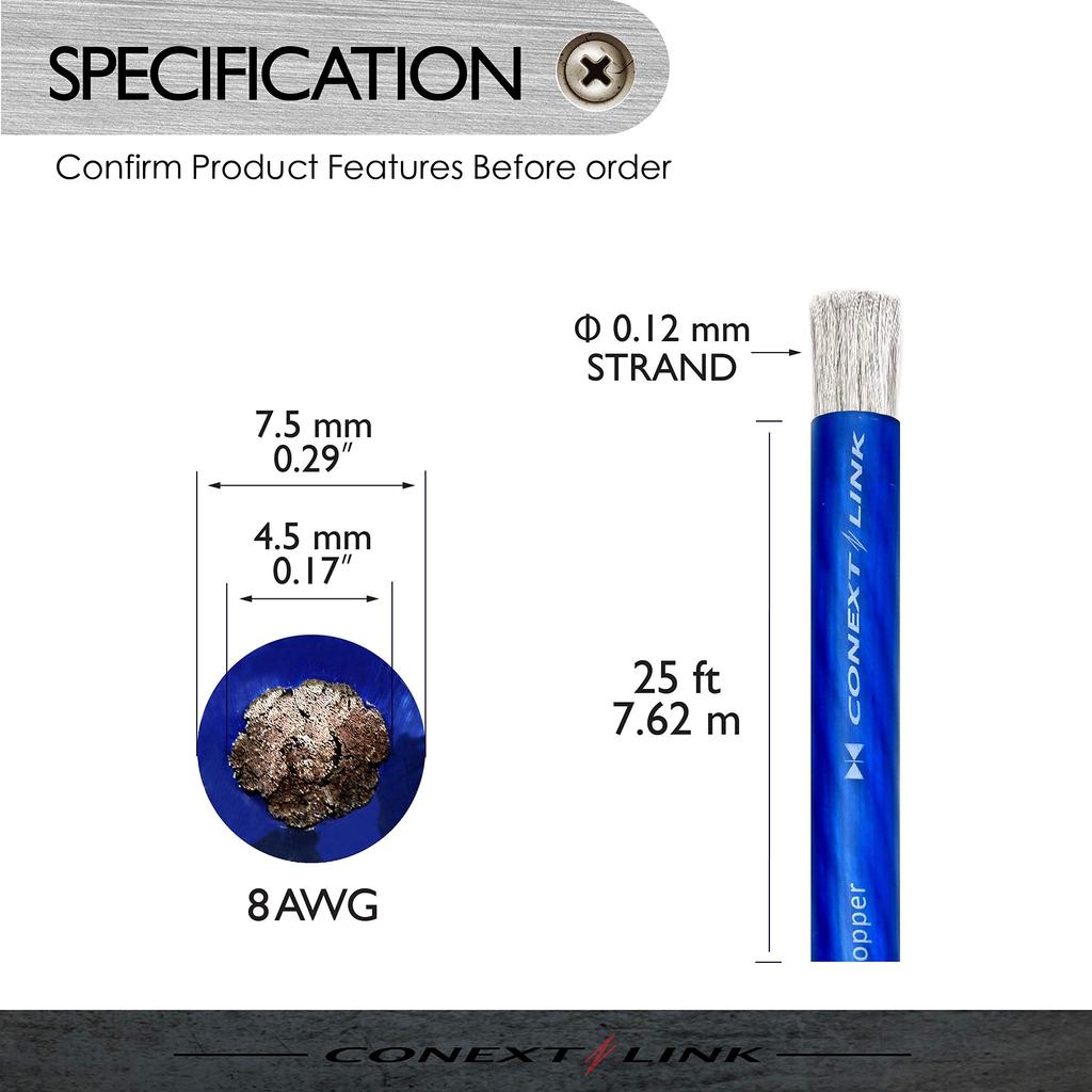 Conext Link 25 FT 8 AWG GA Full Gauge Power Cable Ground Wire Frosted Blue OFC Copper
