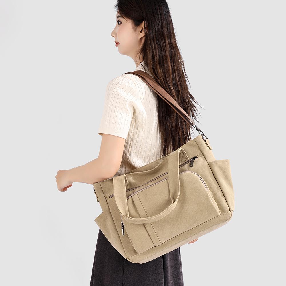 Bolsa Tote de Lona Color Sólida com Múltiplos Bolsos de Grande Capacidade Bolsa de Ombro Feminina Vintage para o Dia a Dia Bolsa Transversal