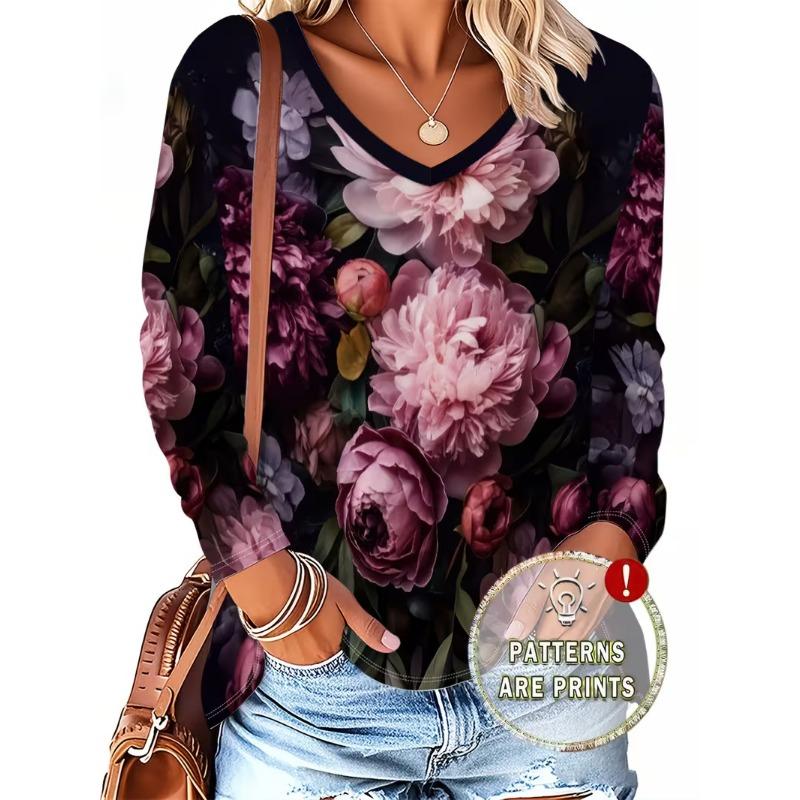 Women's V-neck Long-sleeved T-shirt Casual Fashion
