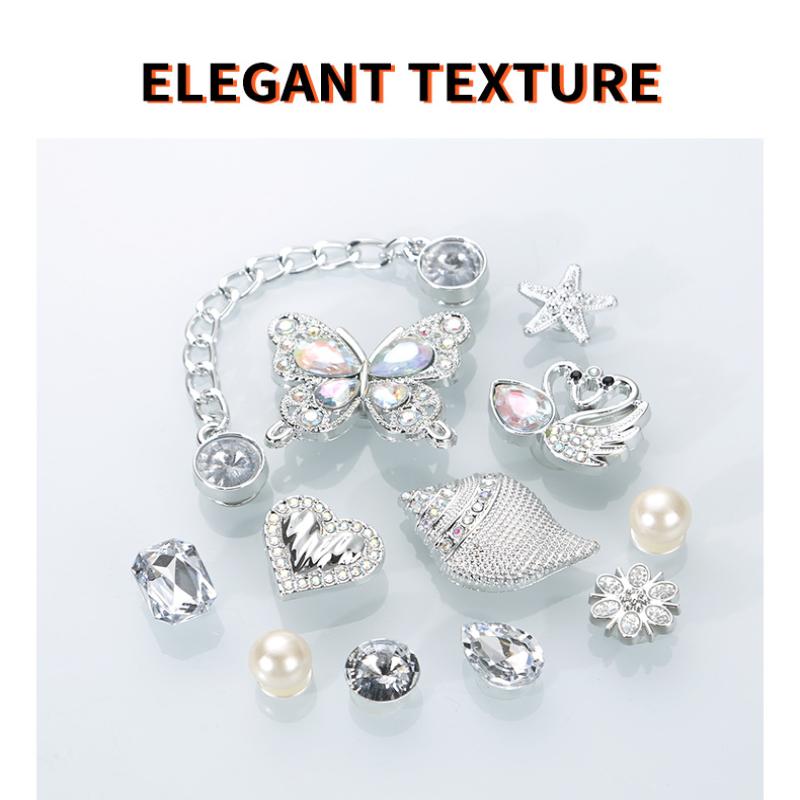 Set da 12 Pezzi Charms per Scarpe a Catena Argentati Incastonati di Diamanti Per Decorazioni Fai-da-te con Pattern Calamaro Farfalla Conchiglia Fibbia per Scarpe