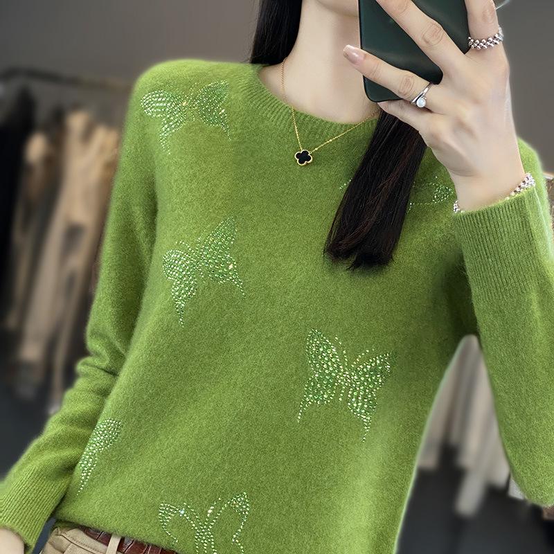 Butterfly Rhinestone Crew Neck Casual Spring Sweater for Women