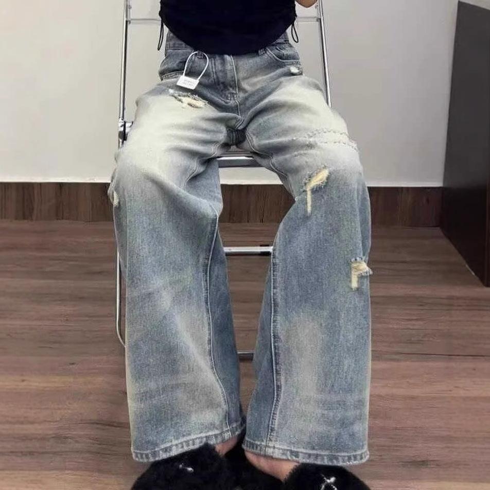 Comfortable Broken Holes Jeans Women Pear Shaped Body Large Size Skinny High Waist Loose Broad Leg Trousers Jeans for Women Long Denim Pants