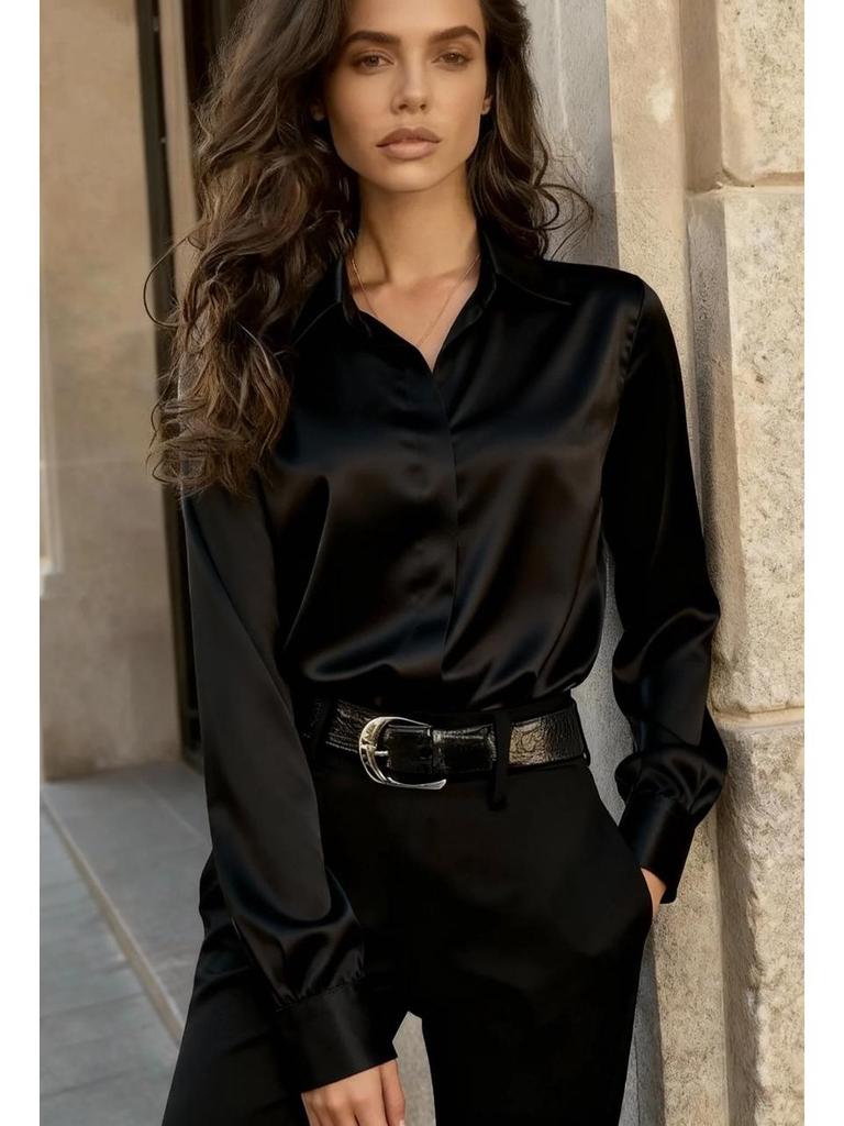 Elegant European & American Style Satin Long Sleeve Women's Shirt - Fashionable Commute Top 2026