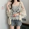 Korean Style Plus size women clothing Chubby Girl Spring/Summer Crochet Hollow Bell Sleeve Knit Casual Shirts Sun Protection Clothing M-4XL