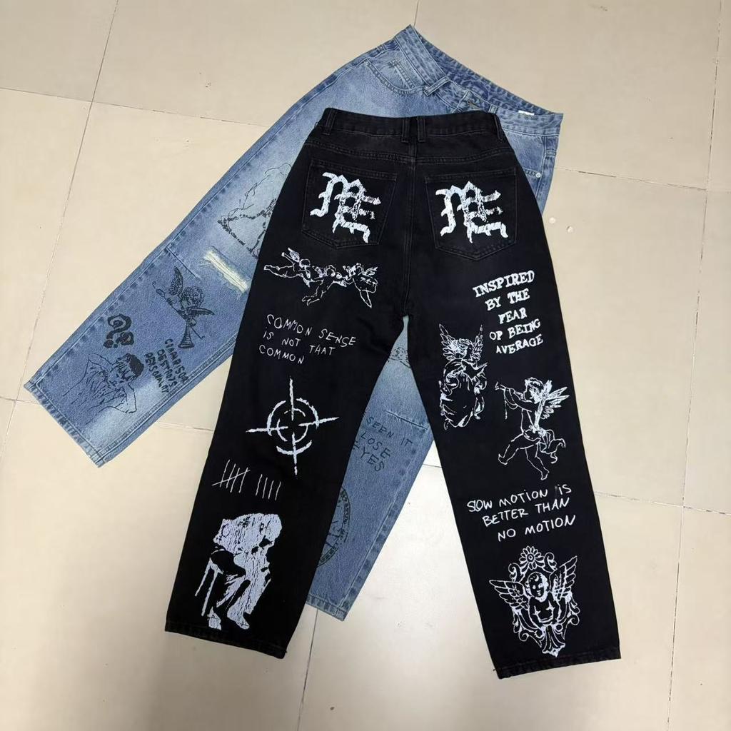 Meichao Jeans Hand-Painted Graffiti Print Knife Cut Casual Straight Legs Pants Trousers Men