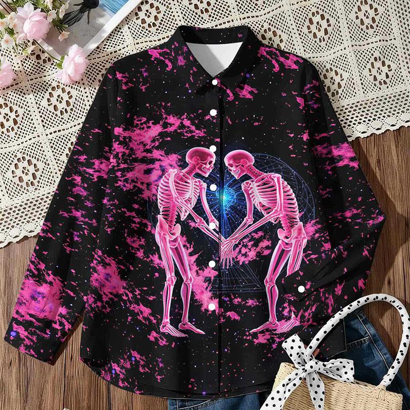 Vintage Print Lapel Shirt Women American Street Rock Collared Long Sleeve Loose Casual Blouse