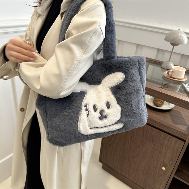 Wholesale Fashion Street Style Large Capacity Plush Tote Bag Women Winter Bunny Embroidery Shoulder Bag