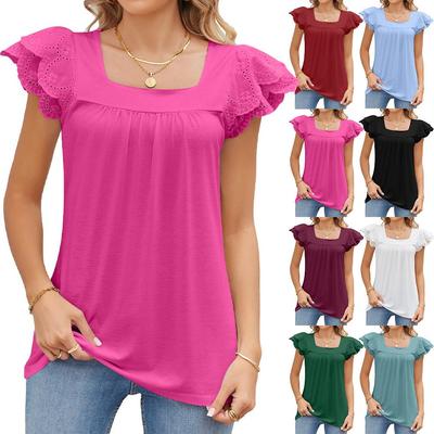 Women's T-shirt Summer Lace Patchwork Square Collar Short Sleeve Loose Blouse Pullover Tops