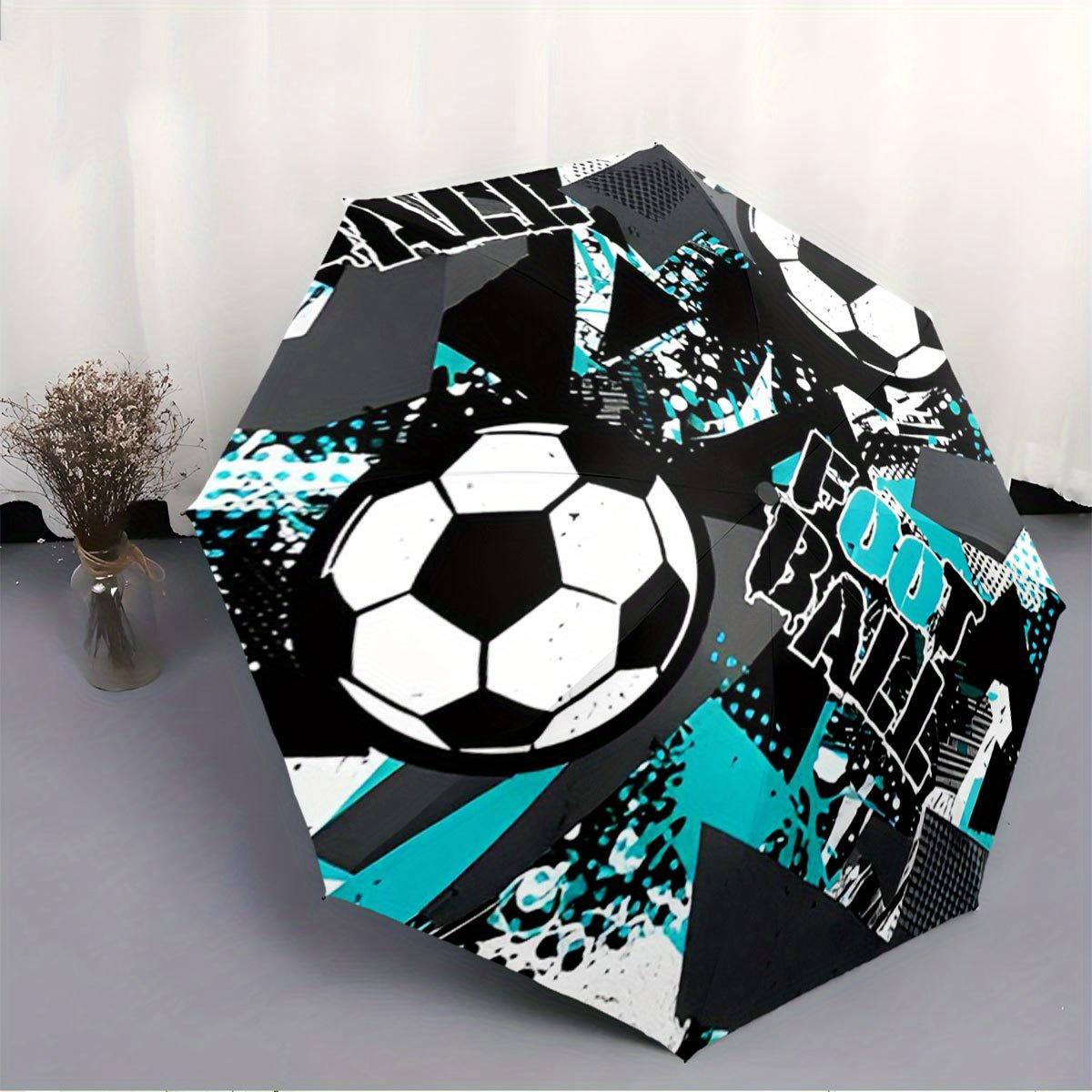

Folding Umbrella The Umbrella Features a Soccer Ball Pattern, Abstract Splashes in Turquoise and Black, and the Text Football (as the picture,Iron&8K)