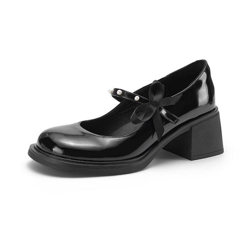 Krazing Pot Microfiber Round Toe Thick Med Heels Spring Summer Shoes Big Size 43 Pearl Bowtie Women Platform Pumps
