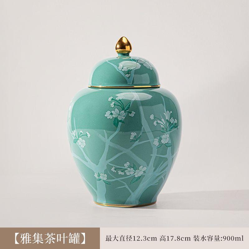 Chinese Ceramic Tea Canister Green Flower Candy Canister Delicate Multifunctional Coffee Bean Food Storage Jar Moisture-proof