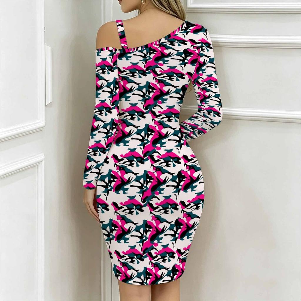 Women Plus Size Cold Shoulder Long Sleeve Pink White Teal Camo Print Irregular Wrap Bodycon Midi Dress