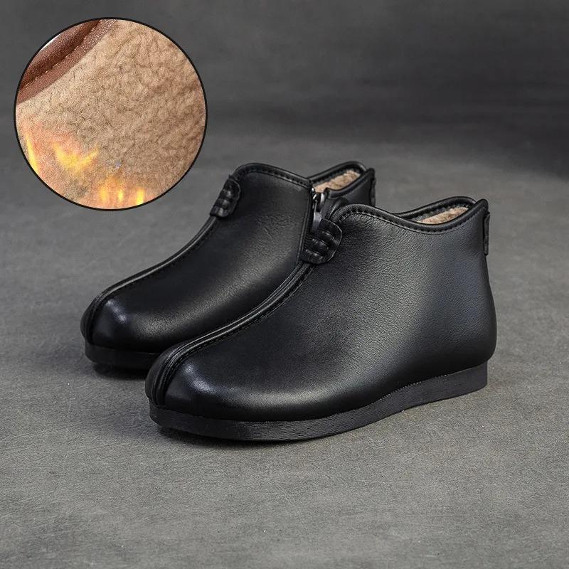 Johnature Genuine Leather Plush Warm Cotton Shoes Round Toe Flat Ankle Boots Commuting Women's Shoes