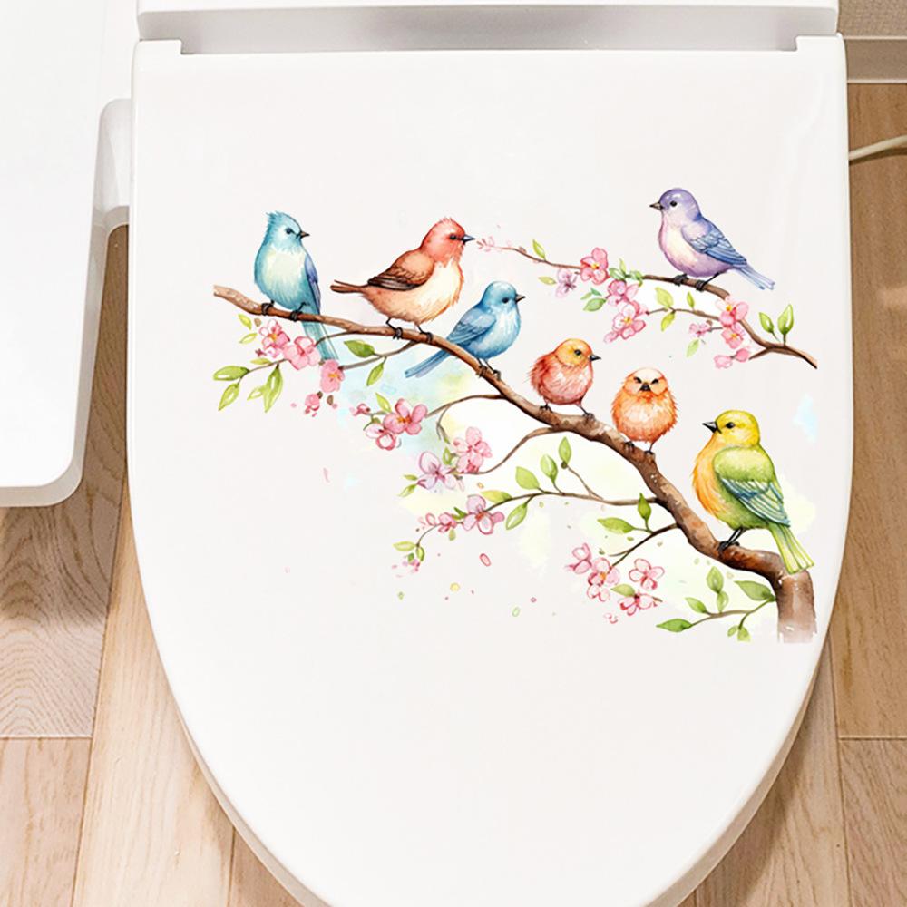 Bird Flower House Waterproof Self Adhesive Toilet Lid Sticker Bathroom Home Decor