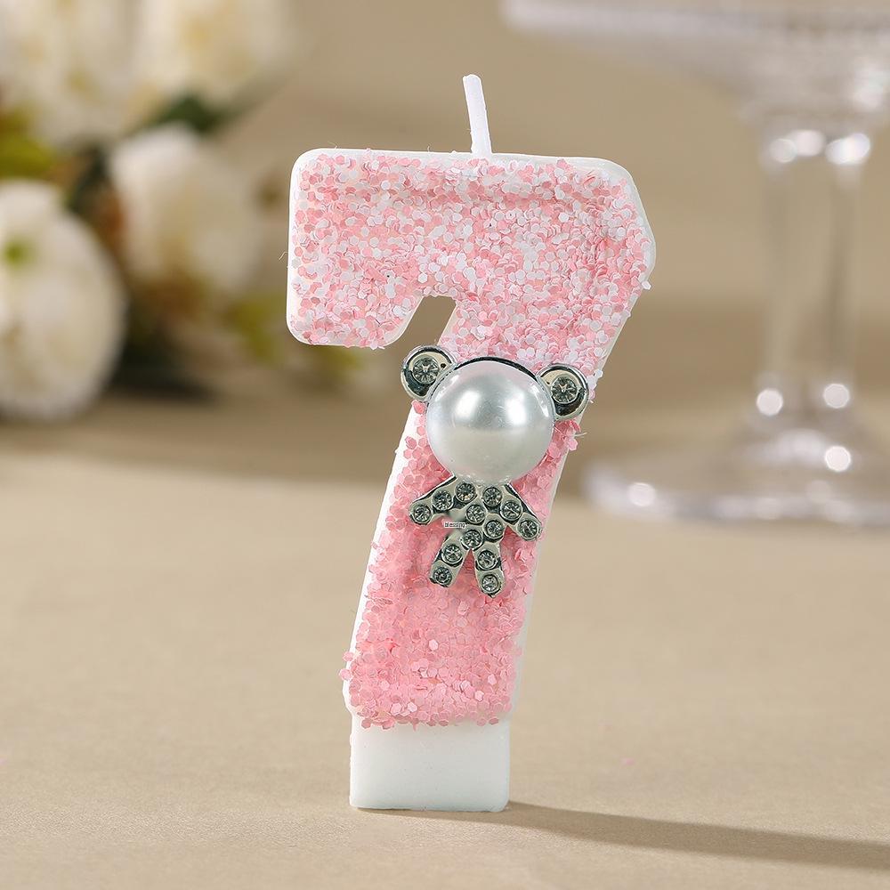 Pearl Teddy Bear Number Candles for Birthday Party Decoration - Handmade DIY Creative Candles.