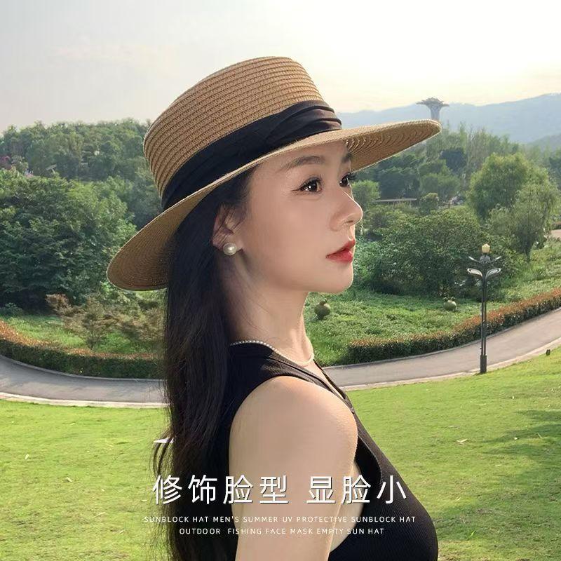 Hepburn wind flat top sunscreen straw hat women's summer big brim sunshade bucket hat seaside vacation beach sun hat