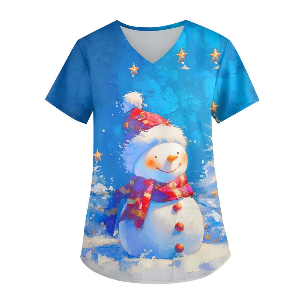 Ladies' Christmas Printed Fashionable V-neck Pocket Short Sleeved Uniform And Caregiver Top