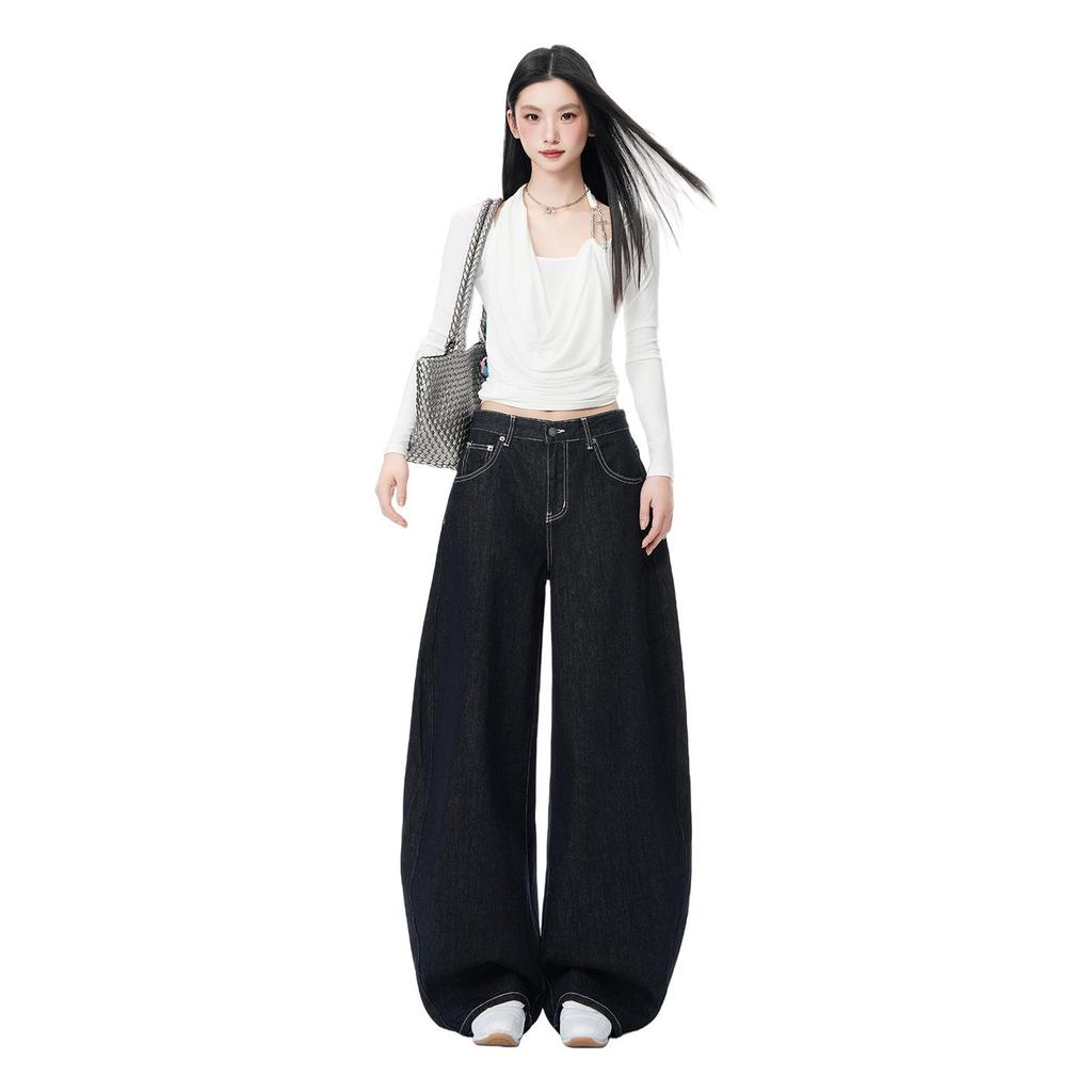 Women's Non-Sticky Wide-Leg Jeans: Spring Loose, Curved Style, Slim-Fit Pants