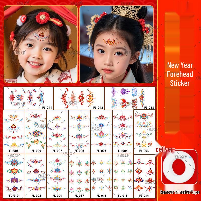 Glittery New Year Face Stickers: Non-Toxic, Easy-Clean, High-Quality, Colorful Tattoo Stickers for Kids' Foreheads - Cute and Festive!